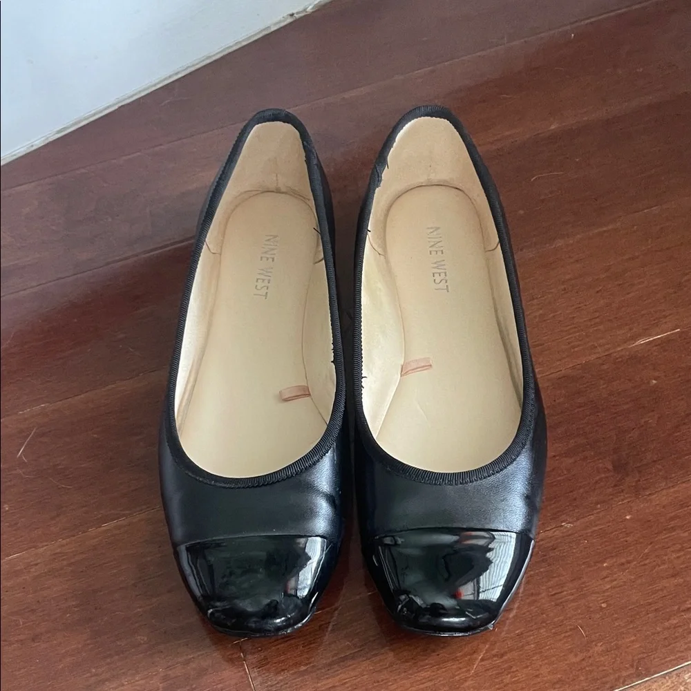 Nine West Black Women's Leather Ballet Flats with Patent Cap Toe
